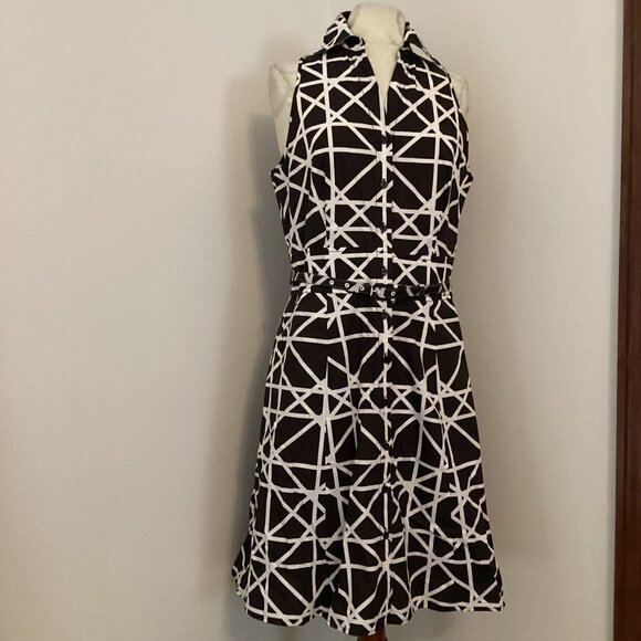 NEW! ANN TAYLOR GEOMETRIC GRID PRINT BELTED A-LINE SLEEVELESS DRESS SZ 6 CLASSIC - Picture 2 of 4